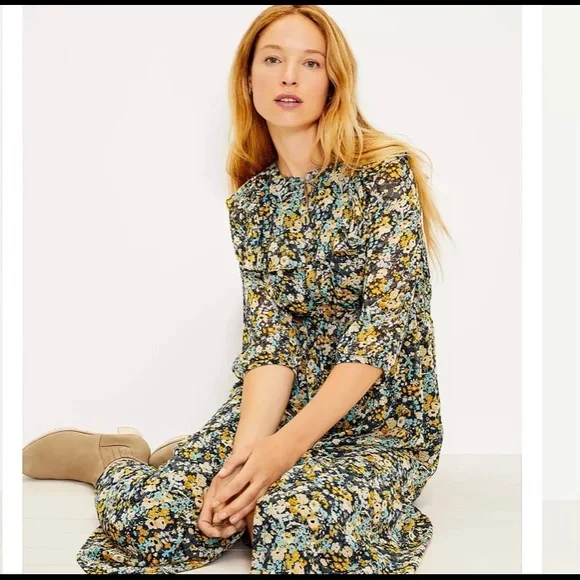 NWT Loft Floral Ruffle Midi Shirtdress - Picture 2 of 11